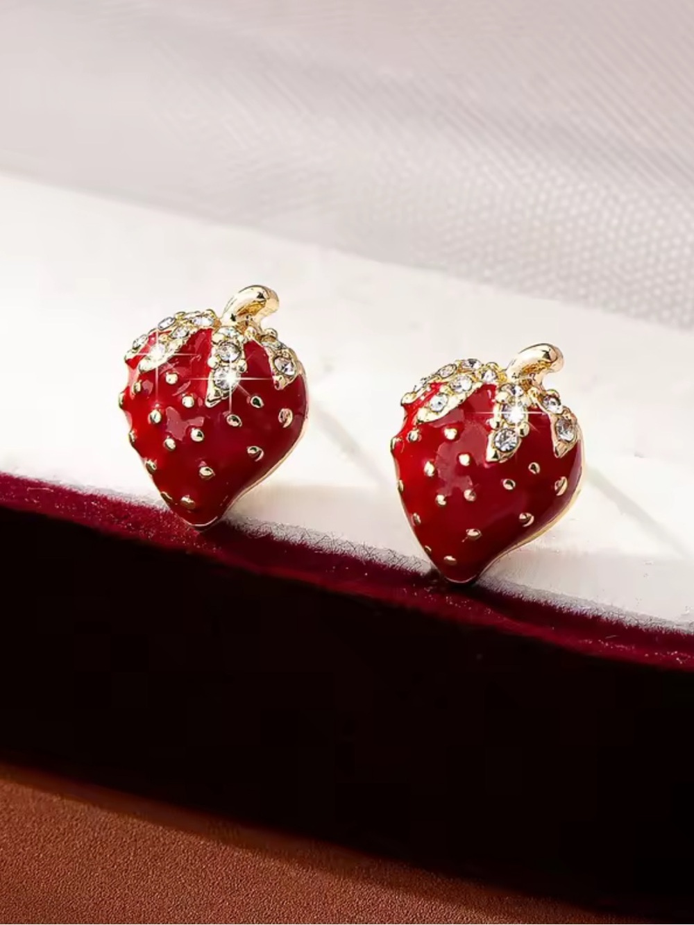 Red Strawberry Crystal Stud Gold Earrings